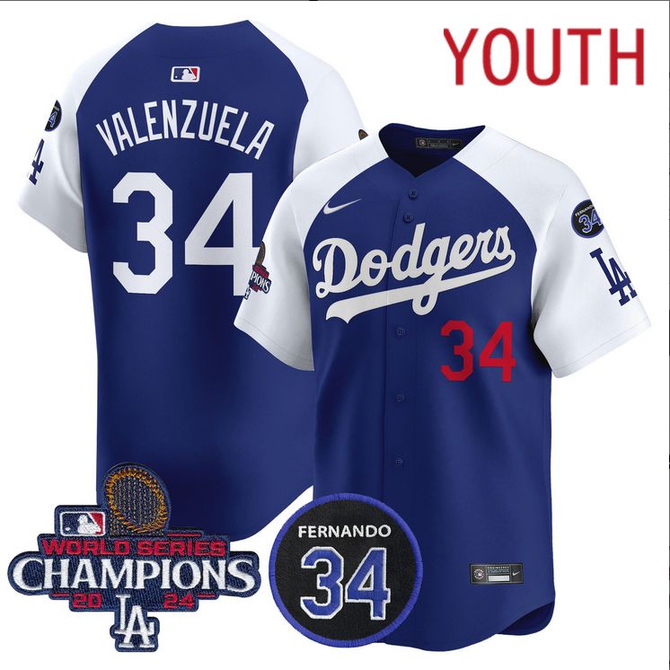 Youth MLB Los Angeles Dodgers #34 Valenzuela blue 2024 World Series Champions Patch Limited Jersey style 2->youth mlb jersey->Youth Jersey